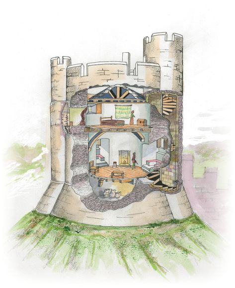 A section through the Longtown Castle keep, with a plan of the principal room and a cutaway reconstruction of the keep viewed from the south-west. Images: Neil Kidd/Martin Cook. Viking Farming, Castle Cutaway, Labyrinth Castle, Swiss Castle, Medieval Keep, Camelot Castle, Star Fortress, Aesthetic Medieval, Ludlow Castle