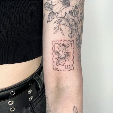 Pomegranate Stamp Tattoo, Stamp Tattoo Strawberry, Strawberry Postage Stamp Tattoo, Peach Stamp Tattoo, Cherry Stamp Tattoo, Matching Stamp Tattoos, Fine Line Strawberry Tattoo, Postcard Tattoo Ideas, Aya Tattoo