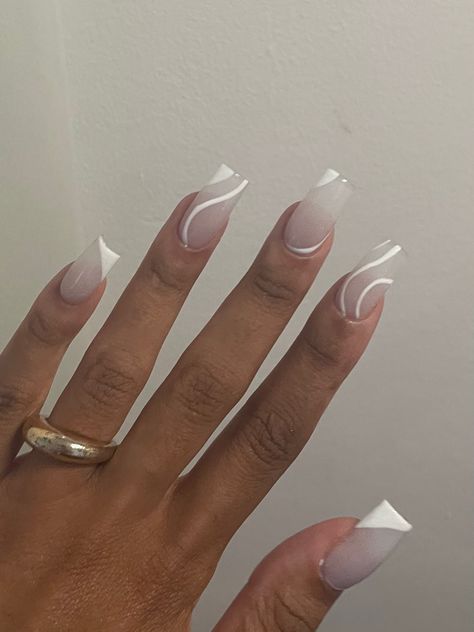 Acrylic swirl milky white aesthetic nails inspo inspiration White Squiggle Nails Square, White Nails With White Lines, Square Nails With White Lines, White Nails With Swirl Designs, White Abstract Nails Square, Milky White Nails With Swirls, Milky White Nails With Lines, Short Milky White Acrylic Nails Square With Design, White Swirl Nails Coffin