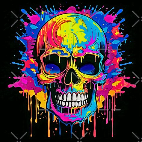 An art design of a skull splashed with colorful dripping paint  with vivid bold hues in a graffiti cartoon style Skull Graffiti Art, Skull Painting Ideas, Skull Graffiti, Colorful Skull Art, Neon Graffiti, Rainbow Skull, Graffiti Canvas Art, Concert Poster Art, Dripping Paint