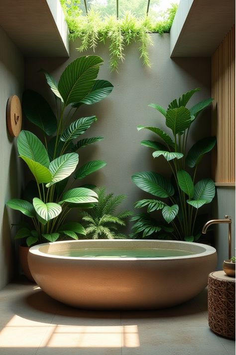 Serene bathroom with stone tub and tropical plant wall Modern Tropical Bathroom, Spa Style Bathroom Ideas, Biophilic Bathroom, Garden Bathroom Ideas, Luxury Bath Tub, Luxury Bathroom Remodel, Shower Plants, Indoor Plants Bathroom, Jungle Bathroom