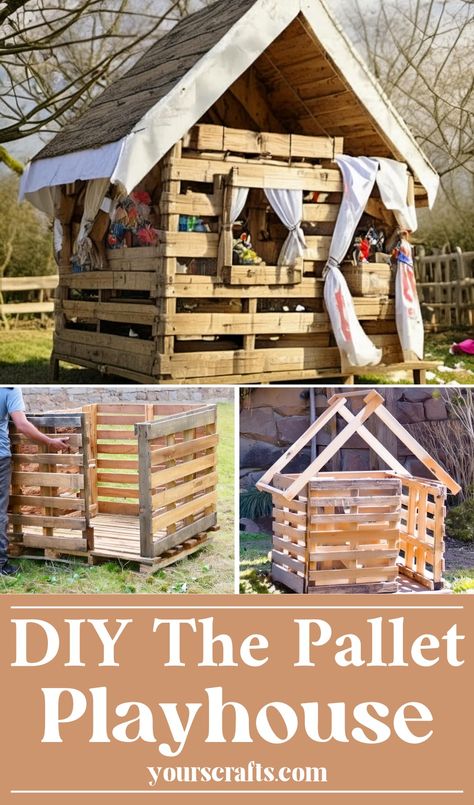 DIY The Pallet Playhouse Wooden Teepee Playhouse, How To Build A Playhouse Out Of Pallets, Pallet Repurpose Diy Projects, Farm Pallet Projects, Pallet Playhouse Diy How To Build, Kids Diy Playhouse, Playhouse Pallets Diy, Easy Playhouse Diy, Diy Play Fort Outdoor