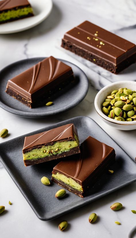 Close-up of a homemade Dubai Chocolate Bar with pistachio filling. Dubai Chocolate Bar, Pistachio Filling, Chocolate Bar Recipe, Dubai Chocolate, Pistachios Nuts, Dinner Guests, Dinner Guest, Bar Recipe, Special Dinner