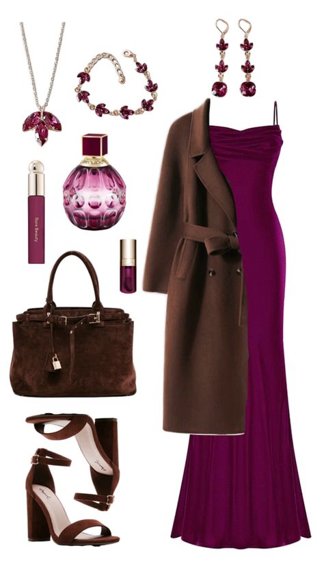 #explore #outfit #magenta #rarebeauty #clarins #birkin #modest #brown #purple #ootd #aesthetic #fashion #fyp #tiktok #rich #oldmoney #collage #jimmychoo #clarins #rarebeauty #lanadelray Magenta Outfit Aesthetic, Purple And Brown Outfit, Outfit Magenta, Purple Ootd, Magenta Outfit, Explore Outfit, Ootd Aesthetic, Dark Autumn, Evening Dresses With Sleeves