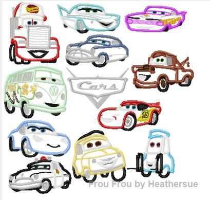 Car TWELVE design SET Machine Applique Embroidery Design, Multiple sizes including 4 inch, $29.00 Embroidery Characters, Cars Embroidery, Disney Applique, Machine Embroidery Designs Projects, Disney Quilt, Embroidery Bobbins, Bernina Embroidery, Clothes Embroidery Diy, Machine Embroidery Thread