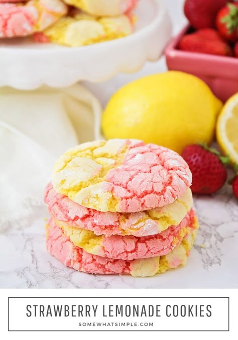 These strawberry lemonade cookies that are drizzled in a delicious icing, are the perfect combination of sweet and sour.  Made using cake mix, these cookies are fast and easy to make! #strawberrylemonadecookies #pinklemonadecookies #strawberrylemonadacakemixcookies #strawberrylemonadecookierecipe #easystrawberrylemonadecookies Strawberry Lemonade Cookies, Pink Lemonade Cookies, Lemonade Cookies, Easy Strawberry Lemonade, Strawberry Lemonade Cake, Lemon Cake Mix Cookies, Lemonade Cake, Coconut Dessert, Strawberry Cake Mix