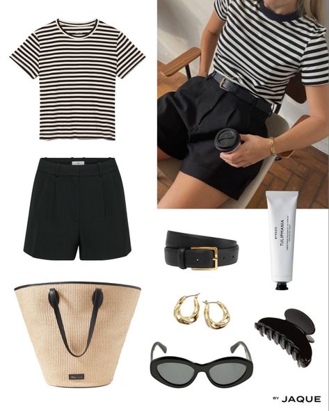 Summer outfit edit // striped tshirt, trouser shorts, leather belt, raffia tote bag, sunglasses, claw clip, golden earrings, aesthetic look, minimal, old money, fashion Follow my shop @byjaque on the @shop.LTK app to shop this post and get my exclusive app-only content! #liketkit #LTKSeasonal #LTKstyletip @shop.ltk https://liketk.it/48ds4 Trouser Shorts Outfit Casual, Shorts With Belt Outfit, Old Money Tshirt Outfit, Pin Stripe Shorts Outfit, Stripes Shorts Outfit, Striped Tshirt Outfits Summer, Black Shorts Striped Shirt Outfit, Black Shorts Old Money Outfit, Golden Earrings Aesthetic