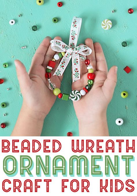 These DIY Christmas ornaments are a fun and easy craft for kids to make. All you need are beads, pipe cleaner and ribbon. Beaded Wreath Ornament, Beaded Wreath, Easy Craft For Kids, Wreath Ornaments, Easy Christmas Ornaments, Wreath Ornament, Kids Christmas Ornaments, Christmas Kindergarten, Christmas School