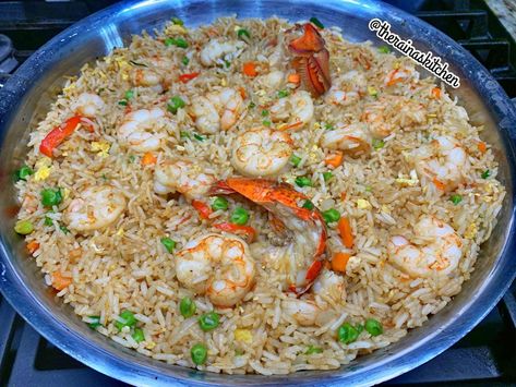 Shrimp & Lobster Fried Rice Lobster And Shrimp Fried Rice, Lobster And Rice Recipes, Lobster Fried Rice Recipe, Crawfish Fried Rice, Lobster Fried Rice, Fried Rice Ingredients, Frozen Peas And Carrots, Lobster And Shrimp, Pineapple Bowls