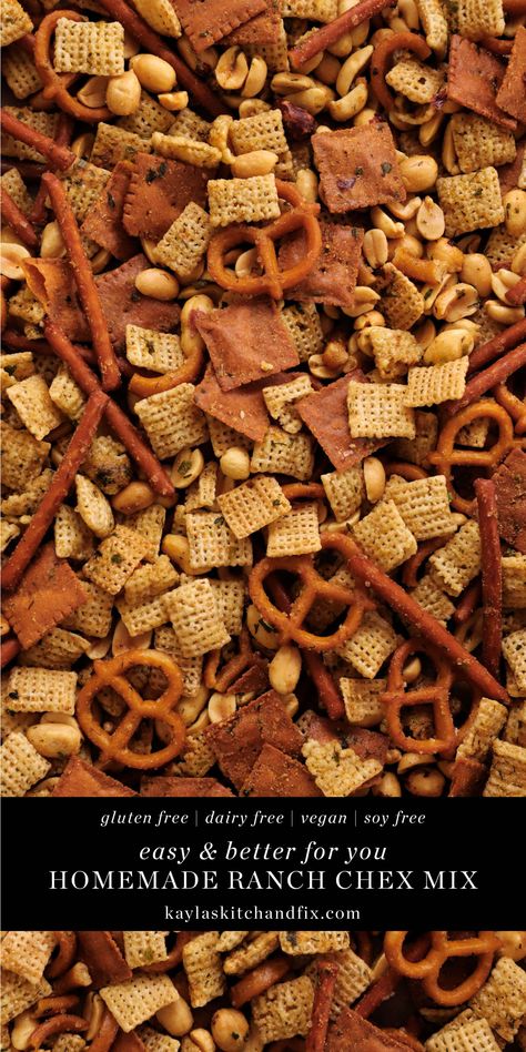 This Gluten Free Vegan Ranch Chex Mix is made using a few better for you swaps but tastes just as good as the real thing, if not better. It can be made in a slow cooker or in the oven and either way, it's super simple and so delicious! Vegan Chex Mix Recipe, Gluten Free Chex Mix Recipes, Ranch Chex Mix Recipes, Gluten Free Snack Mix, Soy Free Snacks, Ranch Chex, Ranch Chex Mix, Homemade Chex Mix, Vegan Ranch