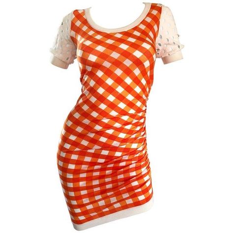 Preowned Vintage Moschino Cheap & Chic 1990s Orange + White Gingham... ($895) ❤ liked on Polyvore featuring dresses, cocktail dresses, white, short sleeve cocktail dresses, orange cocktail dresses, short sleeve dress, ruched cocktail dress and white bodycon dresses Orange White Outfit, Chic White Dress, Orange Cocktail Dresses, Orange Gingham, Red Era, Vintage Moschino, Chic Cocktail Dress, Moschino Dress, Cocktail Dress Vintage