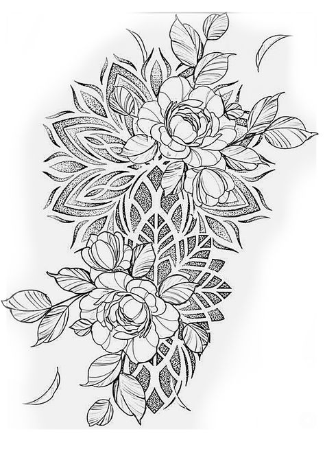 Mandala Filling Patterns Tattoo, Big Thigh Flower Tattoo, Aztec Leg Tattoos Women, Flowers And Geometry Tattoo, Mandala Tattoo Template, Womens Tattoos Leg, Mandala Hip Tattoos Women, Tattoo Sleeve Filler Ideas For Women, Leg Tattoo Template