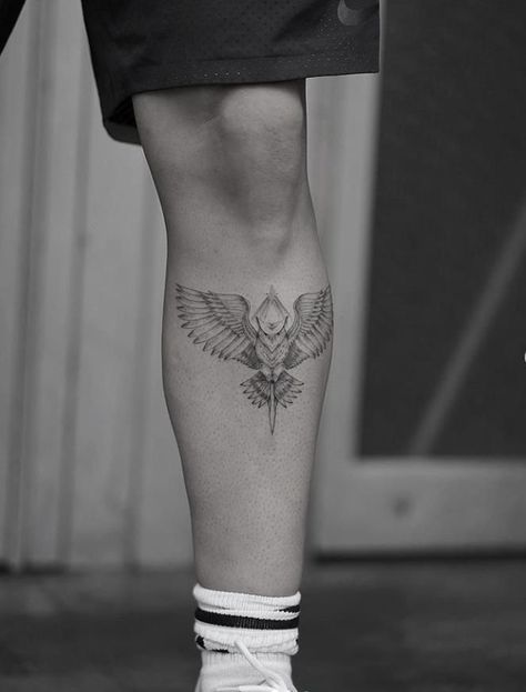 Tattoo Ideas For Men In Leg, Leg Tattoo Men Shin, Wing Tattoo Leg, Wings Leg Tattoo, Wing Leg Tattoo, Wings Tattoo Leg, Wings Knee Tattoo, Legs Tattoo Men Ideas Design, Shin Tattoo Men