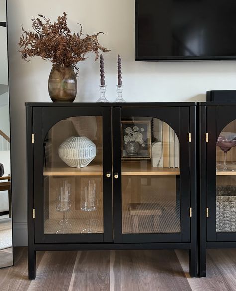 Zooming in on the exquisite details of the Mason storage cabinet 🌟. Major style points to @melinamblan for bringing this piece to life! Small Living Room Cabinet, Mason Storage Cabinet, Glass Cabinet Decor, Black Tv Cabinet, Realistic Apartment, Room Inspiration Aesthetic, Organization Bins, Austin Apartment, Living Room Cabinet