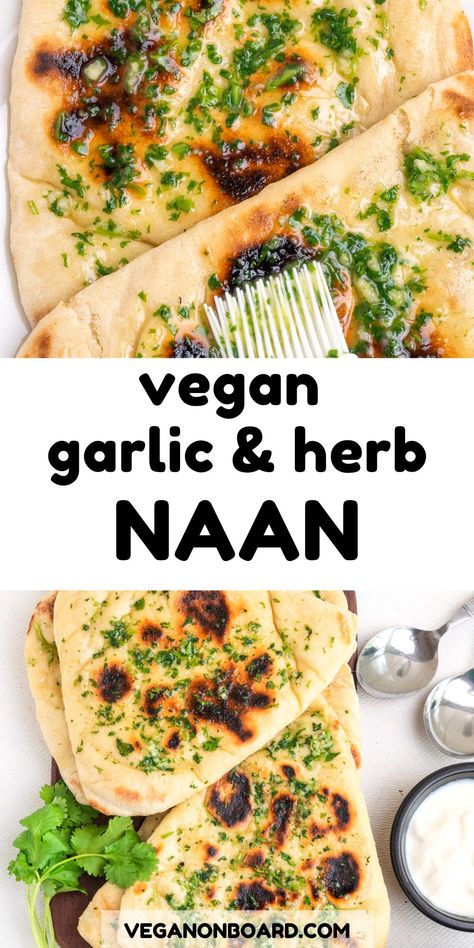 One of our favourite Indian side dishes, these fluffy vegan naan breads are so much fun to make at home. They are made with yeast and smothered with vegan garlic and herb butter for extra deliciousness! Vegan Naan, Indian Side Dishes, Recipes With Naan Bread, Vegan Indian Recipes, Main Dish Casseroles, Meatless Main Dishes, Vegan Side Dishes, Vegan Bread, Cooked Breakfast