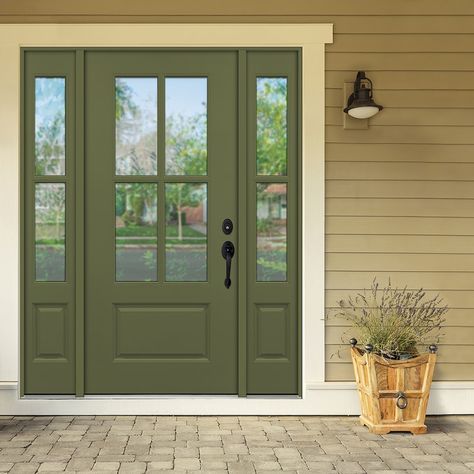 Front Door 2 Sidelights, Glass Front Door With One Sidelight, Exterior Front Door With Side Lights, Exterior Front Doors Modern, Fiberglass Front Door With Sidelights, House Exterior Front Door, White House Front Door, Front Doors With Side Lights, Front Entry Doors With Sidelights