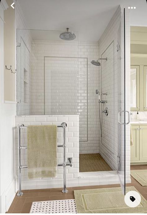 Master Bath Pony Wall, Showers With No Glass Doors, Shower With Wall And Glass Door, Wall Towel Warmer, Shower Glass No Door, Bathroom With Towel Warmer, Showers With Pony Walls, No Lip Shower Ideas, Shower Privacy Wall