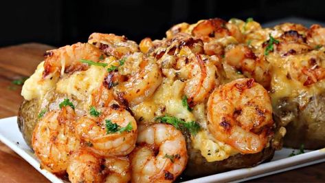 Stuff Potatoes Recipes Shrimp, Bake Shrimp Recipes, Cajun Shrimp Loaded Baked Potato, Loaded Shrimp And Broccoli Baked Potato, Loaded Baked Potato Steak And Shrimp, Loaded Baked Potato With Shrimp, Salmon Baked Potato, Shrimp Potato Salad, Seafood Baked Potato Recipes