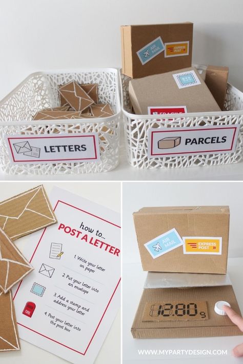 Cardboard Post Office, Post Office Dramatic Play Set Up, Diy Post Office Dramatic Play, Classroom Post Office Dramatic Play, Role Play Post Office, Roleplay Activities For Preschool, Postal Office Dramatic Play, Dramatic Play Mail Center Preschool, Classroom Post Office