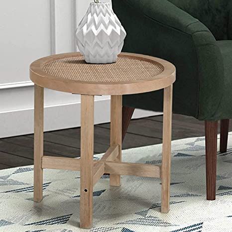 MFSTUDIO Small Round End Table Antique Simple Modern with Natural Woven Rattan Top and Wood Frame Coffee Table Nightstand Bedside Side Table Tea Table for Living Room Bedroom Balcony 15.8"x15.8" Coastal End Tables, Coastal Living Room Furniture, Boho Modern Farmhouse, White End Tables, Beachfront Decor, Rustic Nightstand, End Tables With Drawers, Side Table Decor, Rattan Side Table