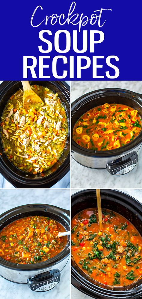 These Easy Crockpot Soup Recipes are the best! They're perfect for when you're looking for a healthy, cozy weeknight dinner. #crockpot #soup Crockpot Broth Soup Recipes, Simple Crock Pot Soup, Soups For Super Bowl, Healthy Crockpot Recipes Soup, Crock Pot Soups For A Crowd, Soups In The Crockpot, Dump And Go Crockpot Soup Recipes, Soups For Crowds, Super Bowl Soup Ideas