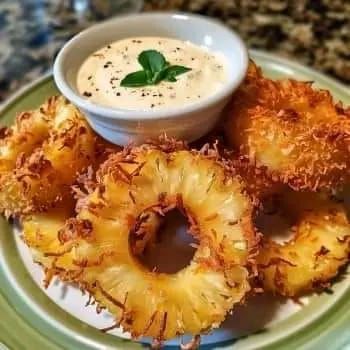 Ina Garten  🍜🍛🎂 | Fried Pineapple Rings with Creamy Coconut Dipping Sauce | Facebook Coconut Dipping Sauce, Recipes Tower, Fried Pineapple, Pineapple Dip, Coconut Crust, Creamy Dipping Sauce, Fruit Desert, Pineapple Rings, Coconut Sauce