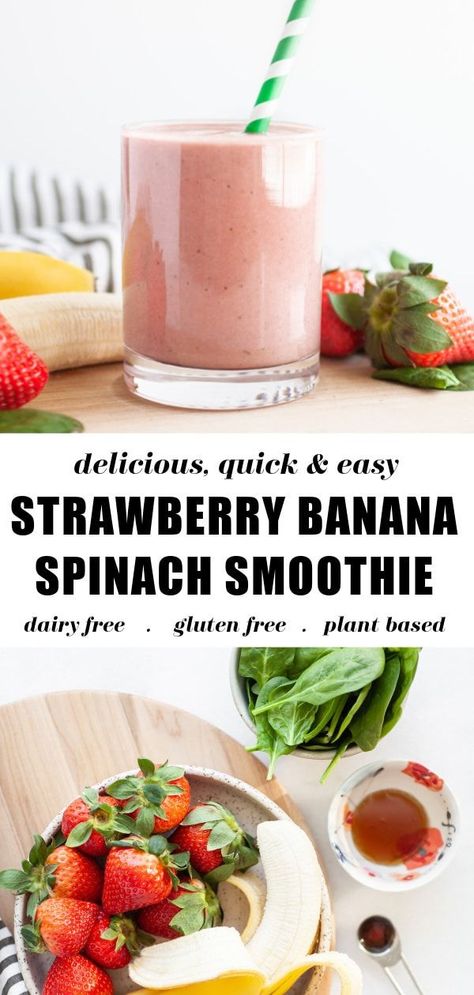 Learn how to make the best healthy and easy strawberry banana smoothie with spinach! This green twist on a strawberry and banana smoothie is dairy free, gluten free, and packed with protein! Smoothie With Spinach, Banana Spinach Smoothie, Spinach Smoothie Recipes, Kale Smoothie, Healthy Strawberry, Strawberry Banana Smoothie, Healthy Breakfast Smoothies, Spinach Smoothie, Easy Strawberry