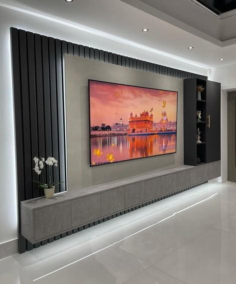 Wall Decor Behind Tv, Large Tv Wall Ideas Living Room, Behind Tv Wall Decor, Build Fireplace, Tv Wall Decor Living Room, Painted Built Ins, Fireplace Bedroom, Shelf Tv, Bedroom Tv Wall