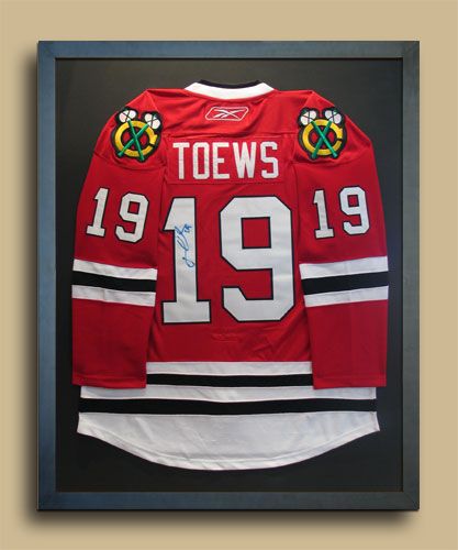 Sports Jersey Display, Man Cave Ideas Cheap, Man Cave Furniture, Jersey Display, Ice Hockey Jersey, Diy Shadow Box, Man Cave Basement, Framed Jersey, Chicago Sports