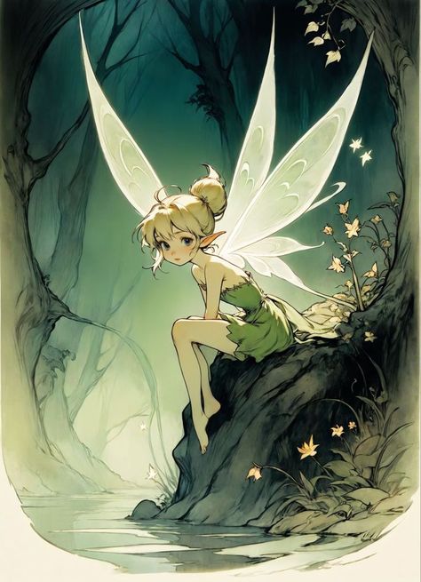 Fantasy fairy Tinkerbell Illustration Art, Fairy Illustration Character, Tinkerbell Art Illustrations, Anime Fairy Drawing, Tinkerbell Illustration, Tinkerbell Fanart, Tinkerbell Art, Simple Cute Hairstyles, Tinkerbell Drawing