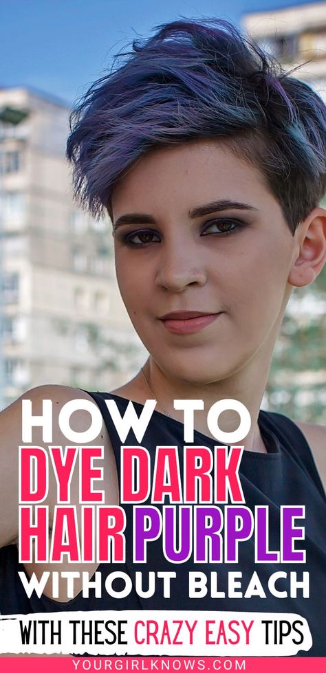 Want to dye your dark hair purple without bleach? You can do it with this easy tutorial. No need for harsh chemicals - this method uses natural ingredients that you probably already have in your kitchen. Let's get started! Purple Without Bleach, Dye Hair Purple, Purple Hair Without Bleaching, Dark Hair Purple, Dye Brown Hair, Dye Dark Hair, Bleach Brown Hair, Dye Black Hair, How To Make Purple