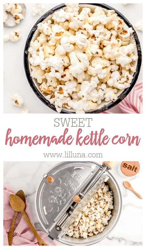 Sweet Homemade Kettle Corn is easy and delish. You'll never want to buy it again after you try our homemade version, because it's AMAZING!! #homemadekettlecorn #kettlecorn #kettlecornrecipe #popcorn #treats Diy Kettle Corn Popcorn, Whirly Pop Kettle Corn, Whirley Pop Kettle Corn, Easy Kettle Corn Recipe, Kettle Corn In Popcorn Maker, Kettlecorn Popcorn Recipes, Healthy Kettle Corn Recipe, Kettle Corn Recipe Microwave, Diy Kettle Corn