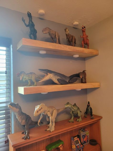 Floating Shelves Shelves For Dinosaurs, Toy Dinosaur Display, Dinosaur Shelf Display, Toy Dinosaur Storage, Playroom Display Shelves, Dinosaur Collection Display, Large Dinosaur Toy Storage, Dinosaur Toy Display, Dinosaur Organization Ideas