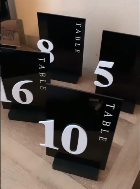 3d Table Numbers, Black Simple Wedding Decor, Black And White Table Numbers Wedding, Wedding Signage Black And White, Black And White Wedding Table Numbers, Modern Wedding Table Numbers, Modern Table Numbers Wedding, Simple Modern Wedding Decor, Black And White Wedding Table Settings