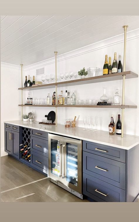 Den Room Ideas With Bar, Basement Built In Bar Ideas, Media Room Wet Bar Ideas, Coffee And Wine Bar In Dining Room, Dry Bar In Family Room, Built In Counter Bar, Wet Bar Ideas Basement Open Shelving, Dry Bar Accent Wall, Kitchen Beverage Station Open Shelves