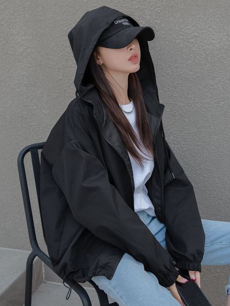 DAZY Drop Shoulder Drawstring Hooded Jacket Windbreaker Outfit, Black Windbreaker, Casual Vest, Long Sleeves Jacket, Casual Jacket, Casual Fall, Windbreaker Jacket, Outerwear Women, Pink Fashion