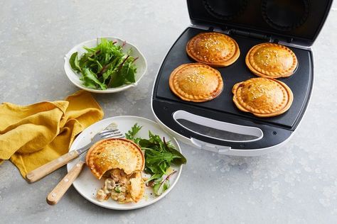 Pie maker chicken, mushroom and bacon pies Bacon Pie Recipe, Mac And Cheese Muffins, Mini Pie Maker, Pie Gifts, Mini Pie Recipes, Bacon Pie, Chicken Mince, Just Pies, Beef Pies