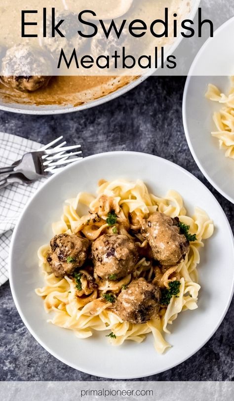 These Elk Swedish Meatballs are an easy ground elk recipe that's full of flavor. Serve over egg noodles or mashed potatoes for a winning elk recipe! #groundelkrecipes #elkmeatrecipes #wildgamerecipes #swedishmeatballs #elkswedishmeatballs #elkrecipes Elk Meat Dinner Ideas, Recipes With Elk Meat, Elk Sausage Recipes Meals, Ground Wild Game Recipes, Elk Ground Meat Recipes, Moose Meatballs Recipe, Best Elk Recipes, Elk Dinner Recipes, Ground Moose Recipes