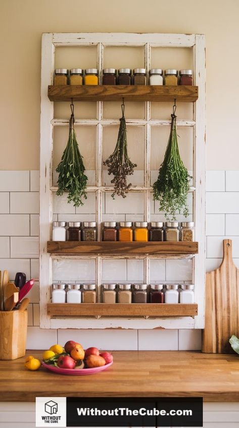 Transforming an old window into a charming spice rack is a stylish and functional way to enhance your kitchen's organization. By painting the frame, adding shelves or hooks, and installing a chalkboard for labeling, you can create a unique piece that not only saves space but also adds character. Discover how to execute this project seamlessly. #HomeDecor #KitchenDesign #RepurposedFurniture #VintageVibes #RusticCharm #BudgetMakeover Spice Organization Shelf, Kitchen Organization Ideas Spices, Spice Rack For Small Kitchen, Cookbooks On Top Of Fridge, Cottage Spice Rack, Cute Spice Rack, Kitchen Upcycle Ideas, Kitchen Ideas Without Upper Cabinets, Unconventional Kitchen Ideas