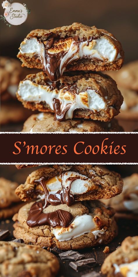 S'mores Cookies Recipe: Campfire Treats at Home - Emma's Cake Studio Best Smores Dessert, Individual Smores Pie, Smores With Cookies, Rainy Day Treats, Different Ways To Make Smores, One Happy Camper Desserts, S’mores Cookie Cake, Smore Cookie Recipes, Smores Cookie Cake