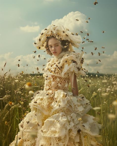 Queen Bee 🐝 : an eco-friendly clothing concept that turns your dress into a home for bees Still thinking about Spring/Ostara for this one for #landofblursed @blursed_montage and #chxrchchallenges @the_clone_supper #midjourneyfashion #aifashion #midjourneyconcept #midjourneycommunity #midjourneyv6 #midjourneyblend #midjourneysref #midjourneyai #fashionconcept #ecofriendly #bees #ecofriendlyfashion #aifashiondesign #midjourneyfashiondesign #midjourneyfashion Bee Corset, Queen Bee Aesthetic, Ashnikko Concert, Bee Witch, Bee Aesthetic, Queen Bee Costume, Bee Outfit, Hair Mood Board, Kid Portrait