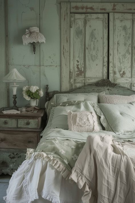 57+ Sage Green Bedroom Ideas That Feel Serene Lavender And Green Bedroom, Vintage Cottagecore Bedroom, Rustic Wood Bed Frame, Sage Green House, Rustic Wood Bed, Cottagecore Bedroom Ideas, Blue White Bedroom, Vintage Rooms, Sage Bedroom