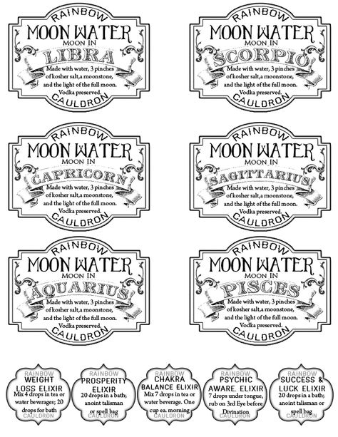 Apothecary-style labels I made for Moon (holy) Water and crystal elixirs.  Printed on aged-looking sticker paper and applied to bottles. Moon Water Label Printable, Moon Water Label, Witchy Labels, Halloween Apothecary Labels, Cumpleaños Harry Potter, Apothecary Style, Halloween Apothecary, Apothecary Labels, Potion Labels