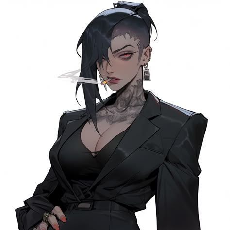 Vampire Art Modern, Yakuza Woman Art, Modern Mafia Outfit, Cyberpunk Business Woman, Strong Female Character Design Modern, Anime Boss Lady, Mafia Boss Character Design, Mafia Woman Art, Female Mobster