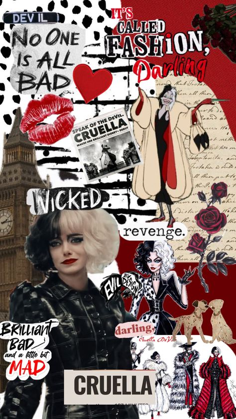 Cruella (speaking of the devil) #cruella #disney #wallpaper #vibes #redblackwhite Cruella Icon, Wallpaper In Phone, Cruela Devil, Shuffles Wallpapers, Cruella Aesthetic, Cruella Movie, Movies Journal, Welcome To The Madness, Best Halloween Movies