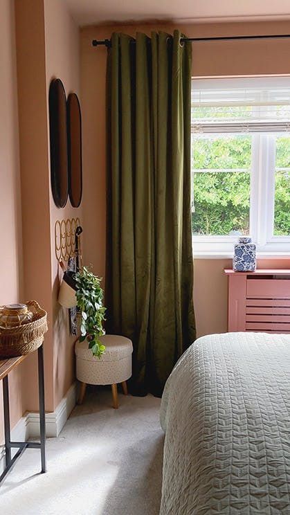 Explore how @cotty_lee uses the Arts and Crafts style wallpaper, Briar Rose, alongside complementary pink paint colours to create a timeless bedroom scheme Pink Walls Green Trim, Dark Green Pink Bedroom, Olive Green And Blush Bedroom, Olive And Pink Bedroom, Olive Green And Pink Bedroom, Pink Brown Bedroom, Grey Green Bedrooms, Pink And Green Bedroom, Green And Pink Bedroom