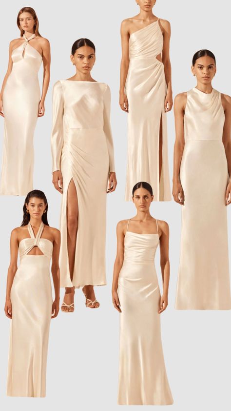 Bridesmaid “cream” dresses inspo Luxurious Bridesmaid Dresses, Beige Silk Long Dress, Beige Dresses Bridesmaid, One Shoulder Champagne Bridesmaid Dress, White Champagne Dress, Champagne Gold Bridesmaid Dresses Mismatched, Cream White Bridesmaid Dresses, Cream Colored Bridesmaid Dresses, Bridesmaid Dresses Beige