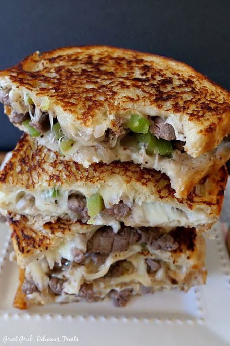 Philly Cheesesteak Grilled Cheese is a favorite, flavorful combination of the famous Philly cheesesteak sandwich paired with the classic grilled cheese. Philly Cheesesteak Grilled Cheese, Philly Cheese Steak Grilled Cheese, Special Grilled Cheese, Sandwiches With Sourdough Bread, Big Sandwiches, Special Sandwiches, Philly Cheese Steak Sandwich Recipe, Classic Sandwiches, Cheese Steak Sandwich Recipe