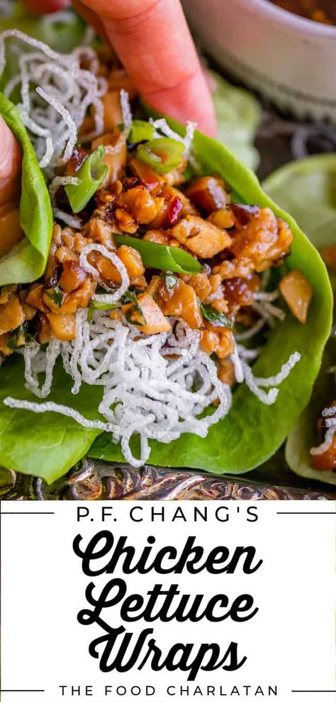 P.F. Chang's Chicken Lettuce Wraps Recipe (Copycat) from The Food Charlatan. Have you tried the Chicken Lettuce Wraps at P.F. Chang's? I've got the best copycat recipe for you today! Finely diced chicken thighs are sautéed with shiitake mushrooms in a killer Asian-inspired sauce, then nestled into butter lettuce leaves and garnished with fried rice noodles. It's an easy, fast, and TASTY weeknight meal. The perfect dish for when you are going low carb! This recipe tastes JUST like the restaurant! Lettuce Wrap Sauce, Pf Changs Lettuce Wraps, Pf Changs Chicken Lettuce Wraps, Lettuce Wraps Recipe, Asian Lettuce Wraps, Chicken Lettuce Wraps Recipe, Fried Rice Noodles, The Food Charlatan, Butter Lettuce