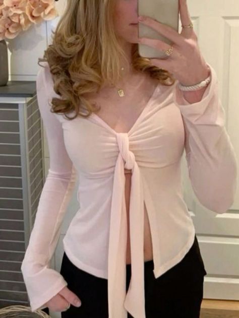 Women's Solid Color Casual Long Sleeve T-Shirt Pink   Long Sleeve Knitted Fabric   Medium Stretch  Women Clothing, size features are:Bust: ,Length: ,Sleeve Length: Pastel Outfit, Stockholm Fashion, Mode Inspo, Feminine Outfit, Inspired Outfits, Looks Style, Dream Clothes, Feminine Style, Pretty Outfits